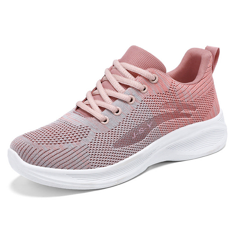 Women's breathable flyknit mesh running shoes with ergonomic cushioned sole, lightweight streamlined design