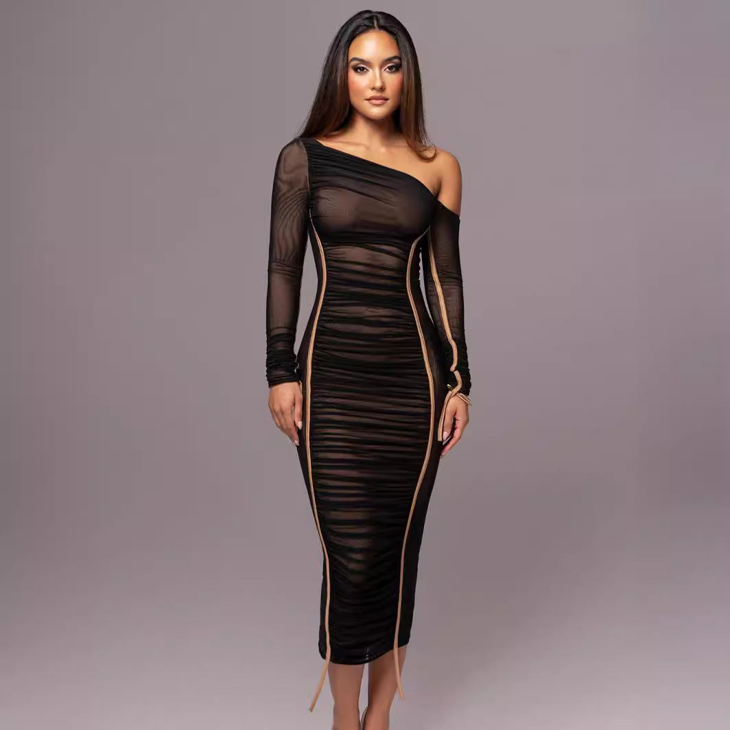 Women's black bodycon dress asymmetric one-shoulder long sleeve chic tailored evening silhouette