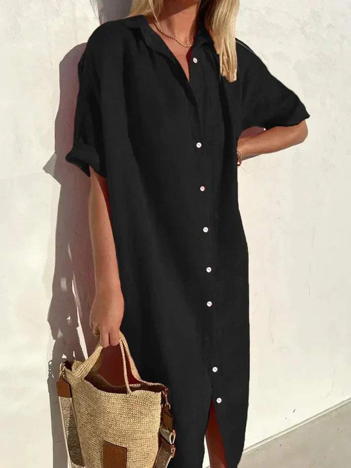 Delia women's cotton linen casual dress, relaxed fit, wide sleeves with elegant button detailing