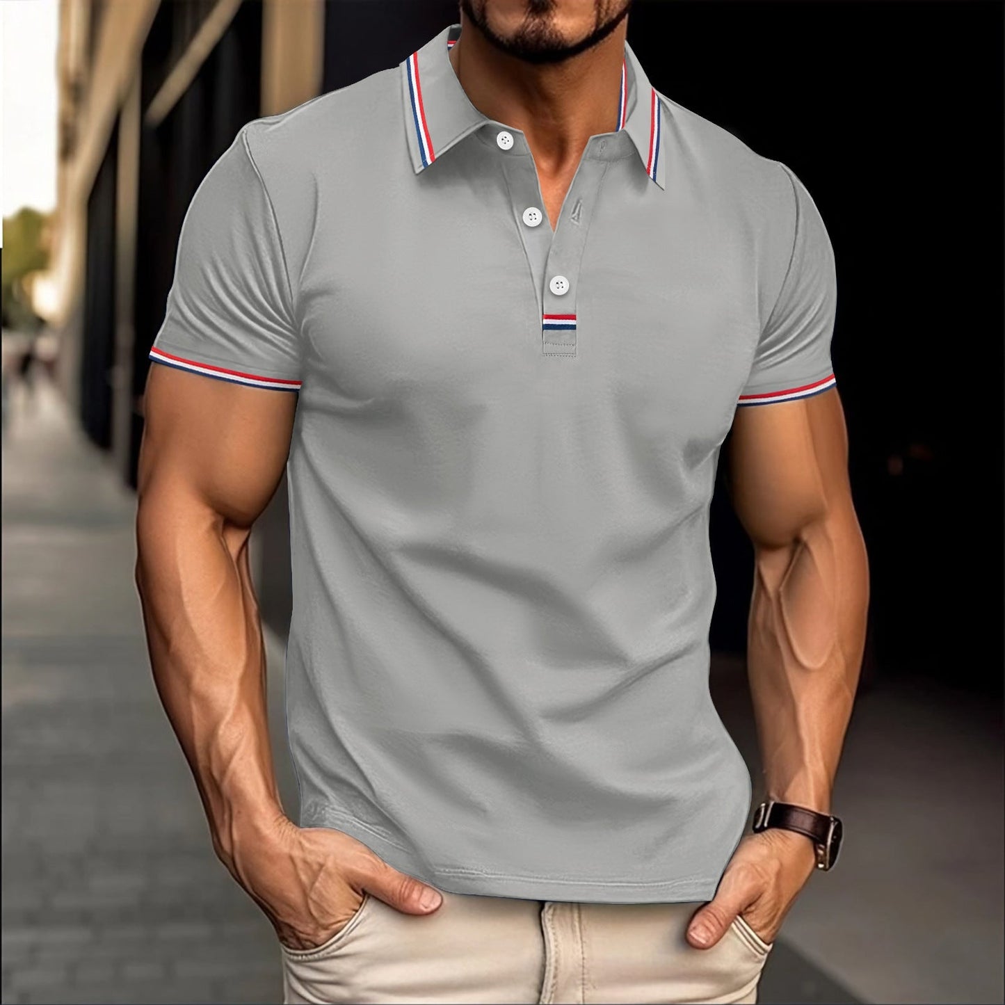 Men's slim fit cotton blend polo shirt with ribbed collar and button placket, polished versatile style