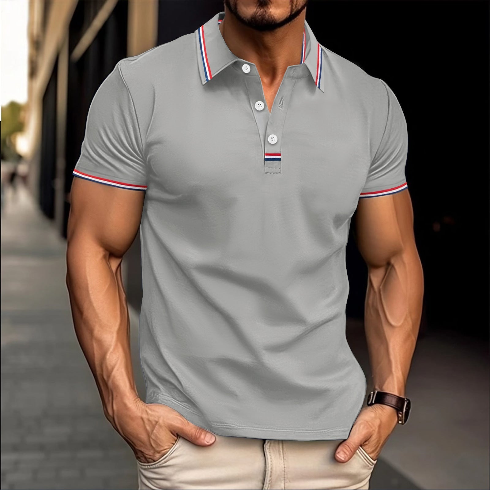 Men's slim fit cotton blend polo shirt with ribbed collar and button placket, polished versatile style