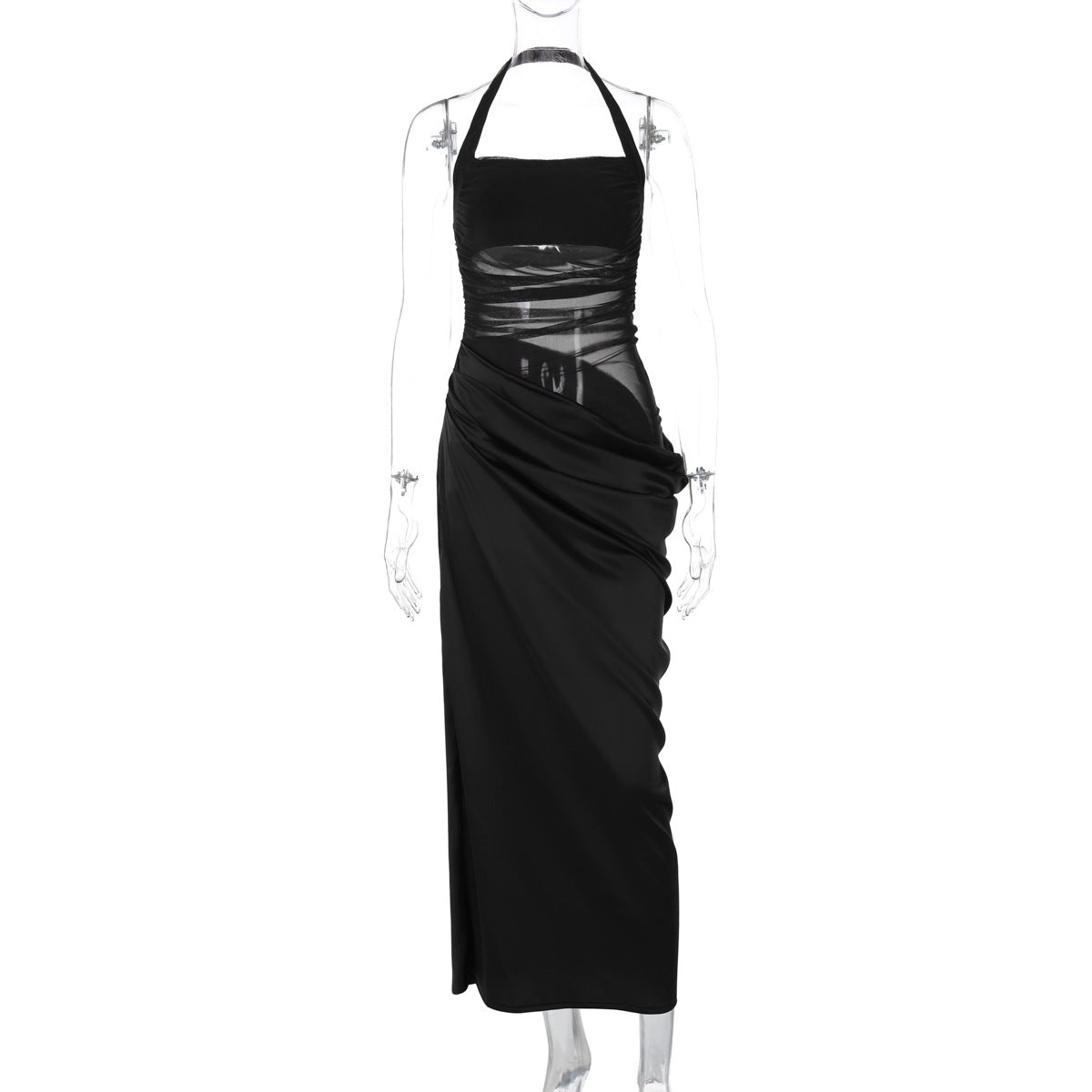 Black bodycon halter maxi dress with sheer mesh panels for a sleek evening silhouette