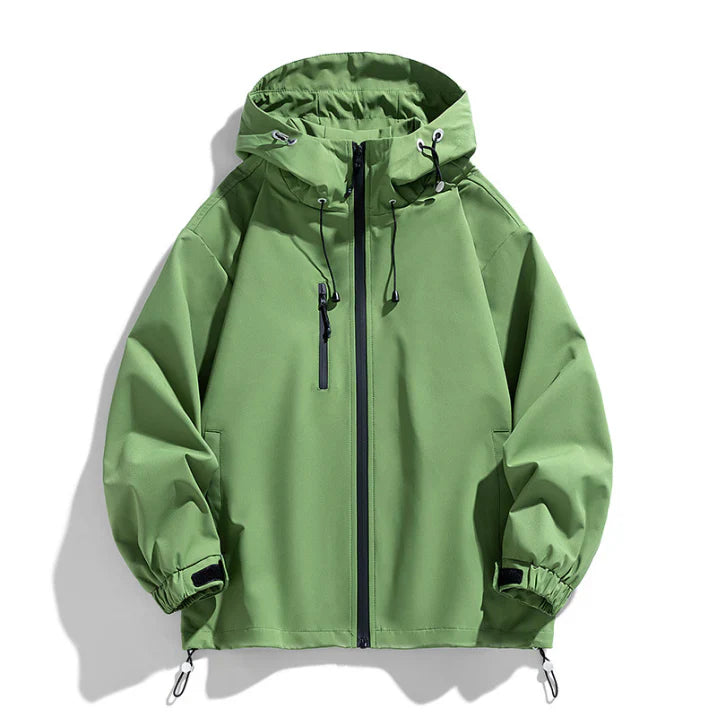 Men's hooded winter ski jacket with zipper, structured fit, versatile for slopes and city wear