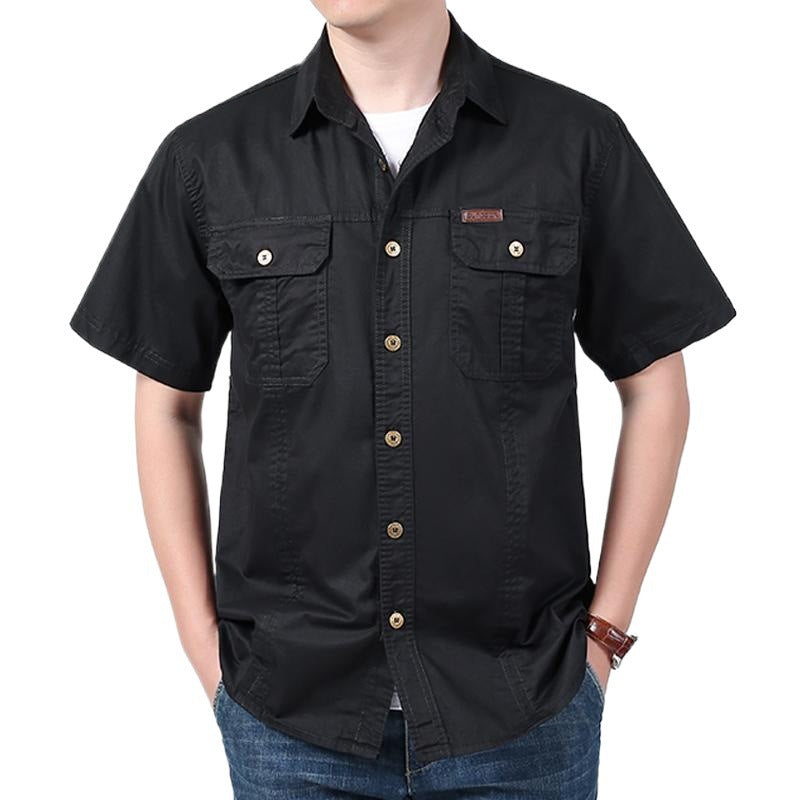 Men's cotton blend short sleeve shirt relaxed fit with dual chest pockets, versatile casual style