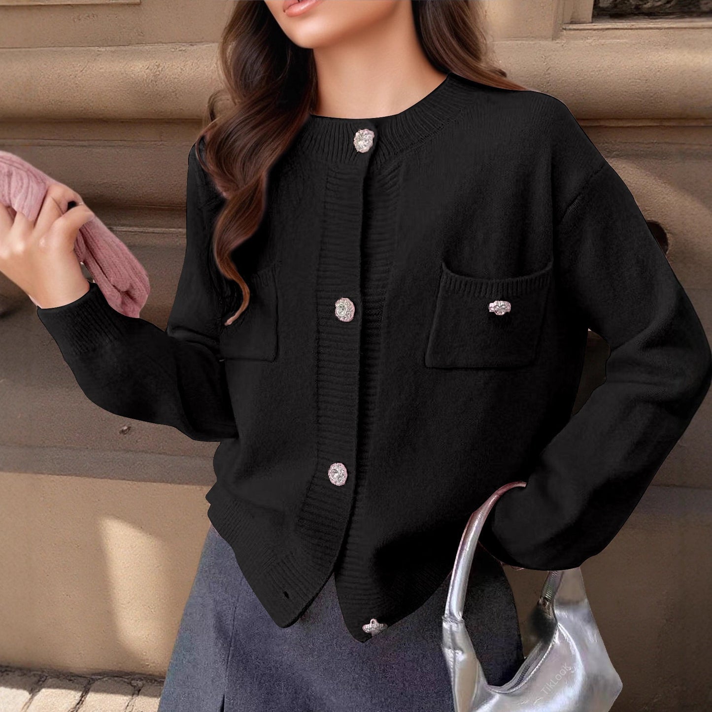 Women's wool blend relaxed fit cardigan with button closure and decorative pockets, casual everyday style