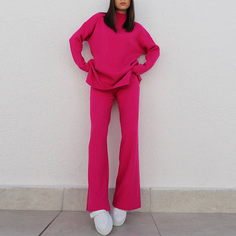 Ribbed knit women's matching set relaxed fit long sleeve top wide leg pants neutral cozy lounge