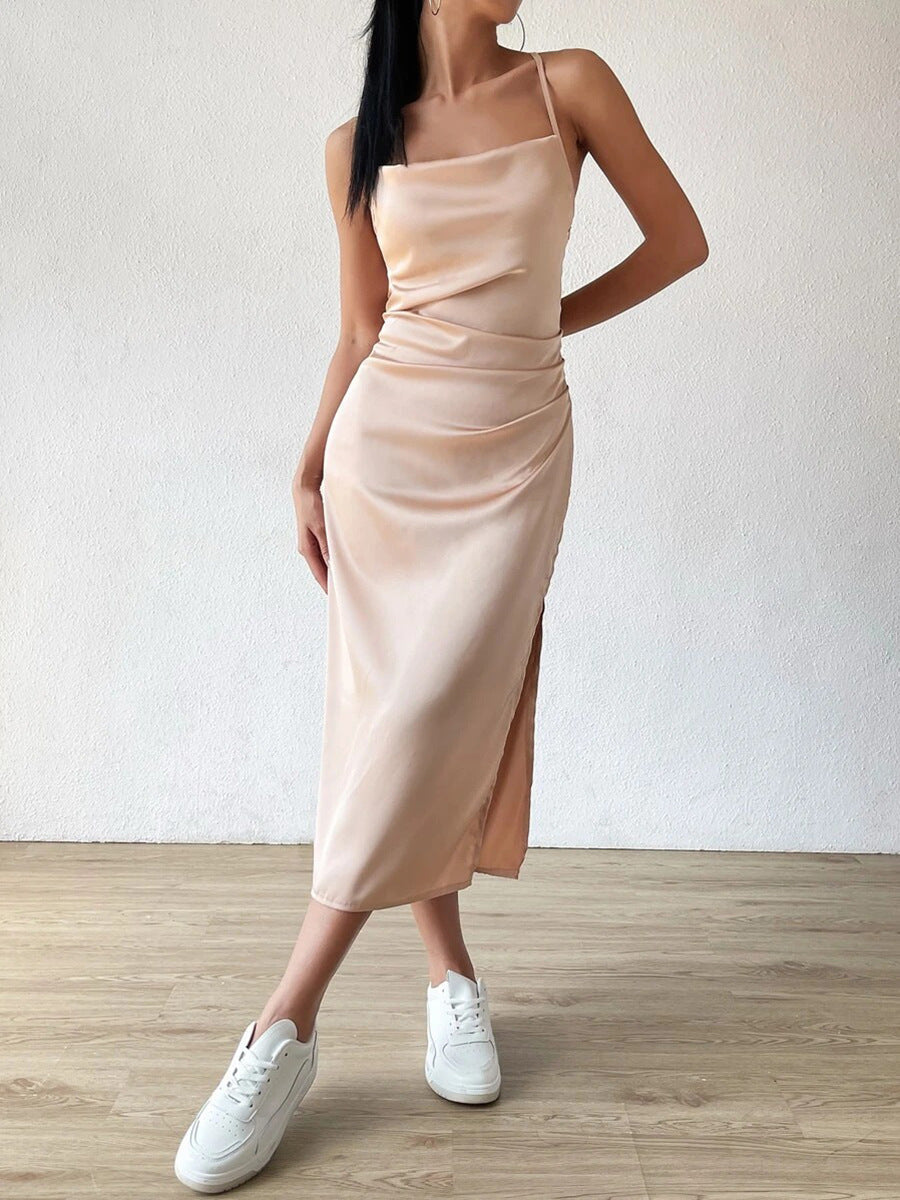 Women's satin slip midi dress elegant tailored silhouette with side slit minimalist style