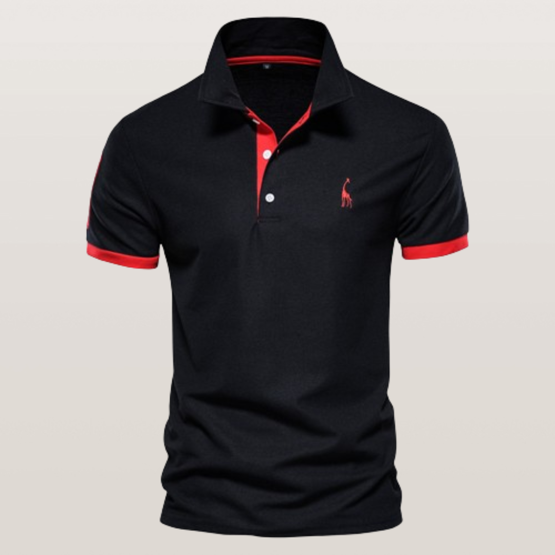 Men's navy blue ComfortFit short-sleeve polo shirt with ribbed collar and two-button placket