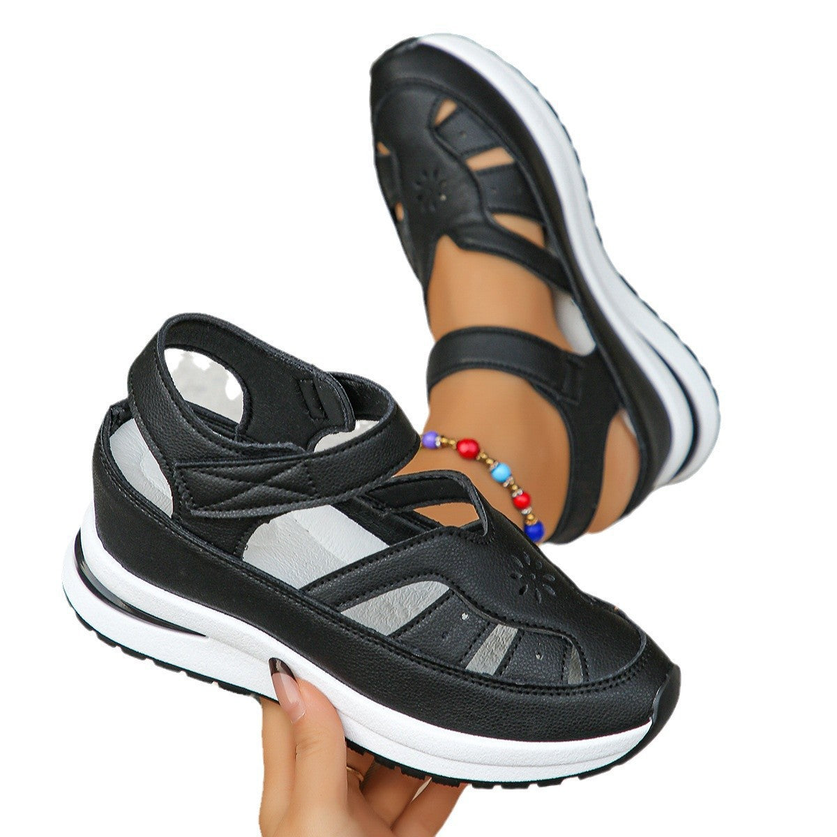 Women's Roman-style platform sandals with cutouts and Velcro strap, padded sole for all-day comfort