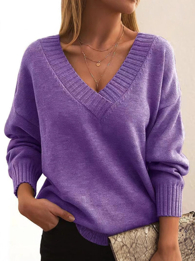 Women's relaxed fit V-neck knit sweater with ribbed cuffs and neckline for cozy all-day comfort