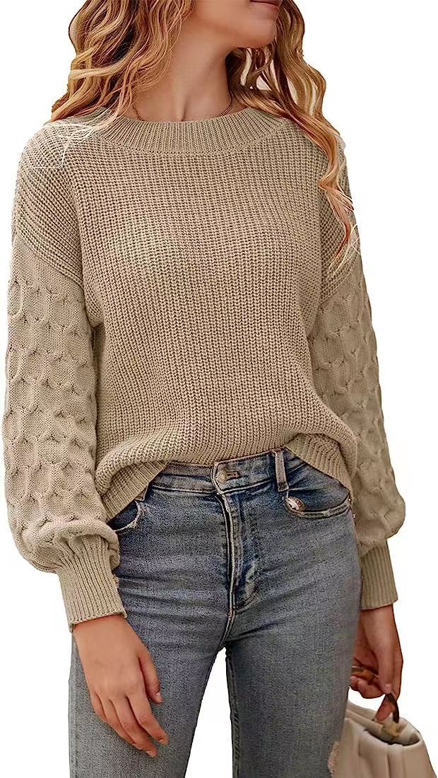 Women's chunky knit sweater relaxed fit cozy fall winter style with textured sleeve pattern detail
