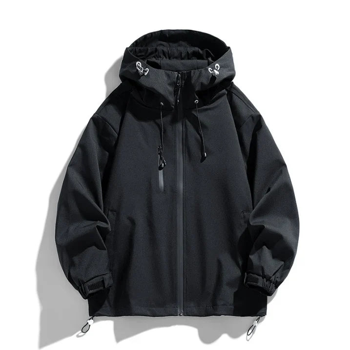 Men's hooded winter ski jacket with zipper, structured fit, versatile for slopes and city wear