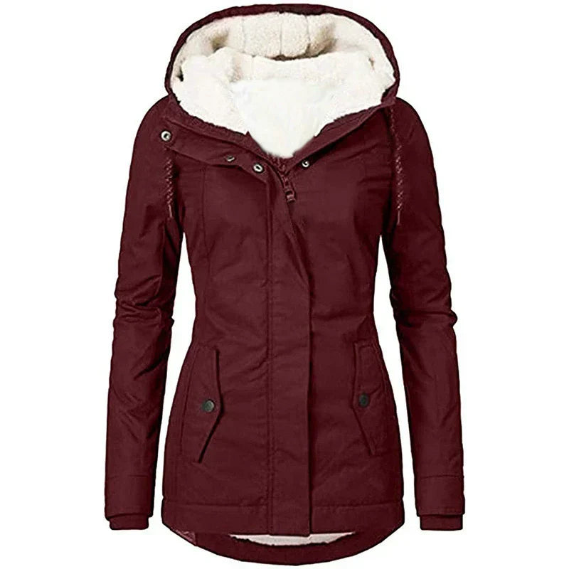Women's semi-fitted mid-thigh parka coat with plush-lined hood, weather-resistant warmth for outdoor wear