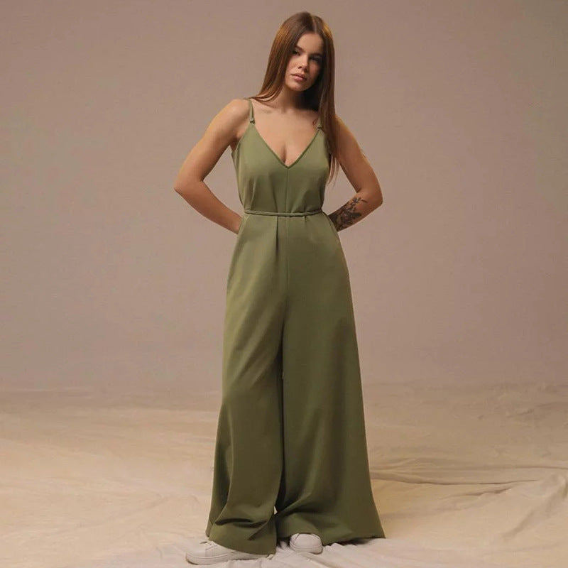 Women's linen blend loose fit sleeveless jumpsuit in neutral tone with V-neck and tie belt
