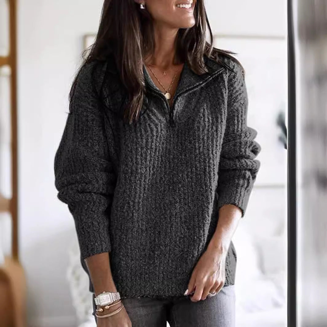 Women's ribbed knit sweater jacket relaxed fit half-zip cozy casual layering piece