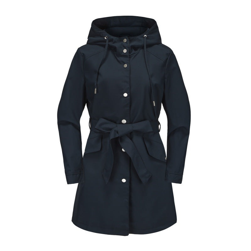 Women's beige relaxed-fit mid-length trench coat with hood, waist belt, water-resistant finish