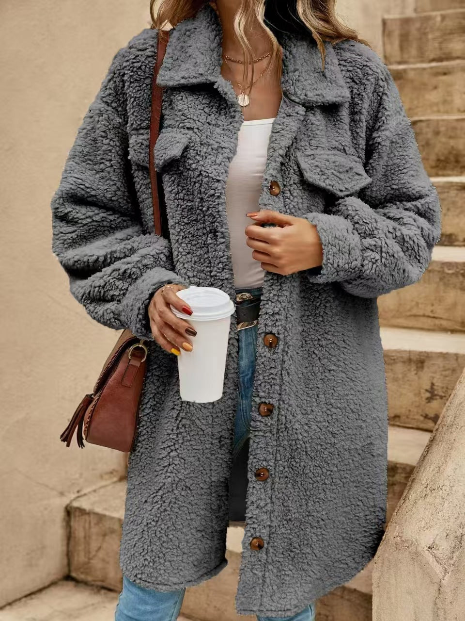 Women's oversized sherpa coat cozy fit with button closure and chest pockets in neutral tone