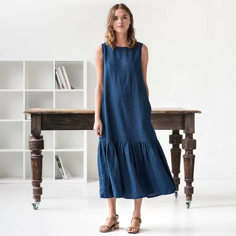 Women's linen midi dress sleeveless loose fit with ruffle edge hem, breathable everyday casual style