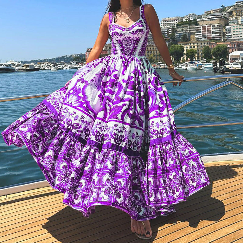 Women's printed suspender dress airy layered skirt breathable fabric light casual spring summer style