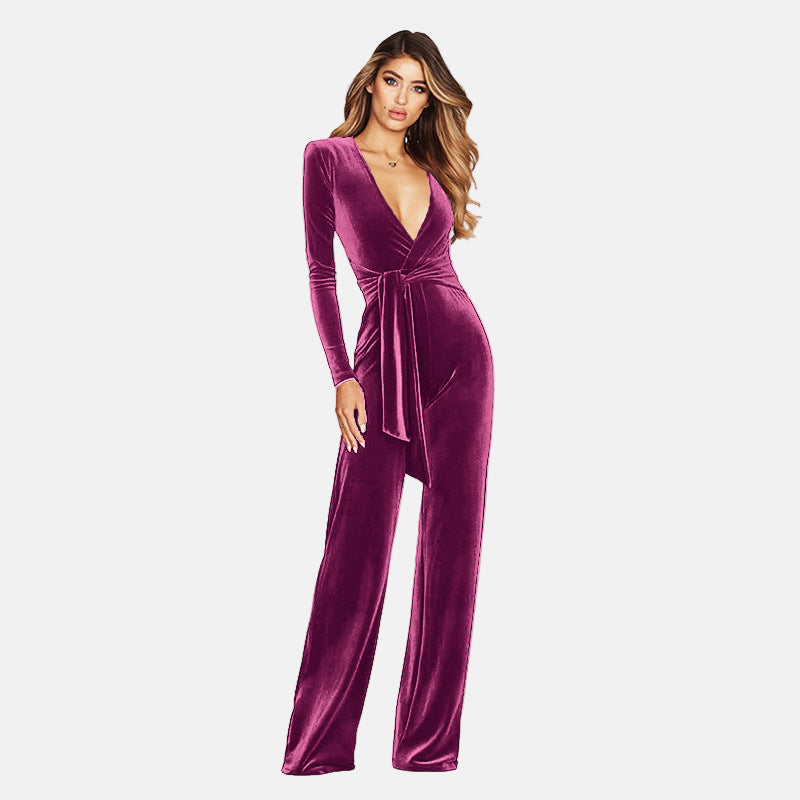 Women's burgundy velvet wide-leg wrap jumpsuit with deep V-neckline for elegant evening silhouette