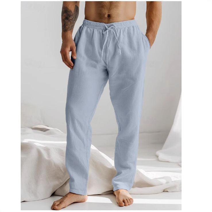 Men's beige linen loose fit pants with adjustable drawstring waist, breathable summer essential