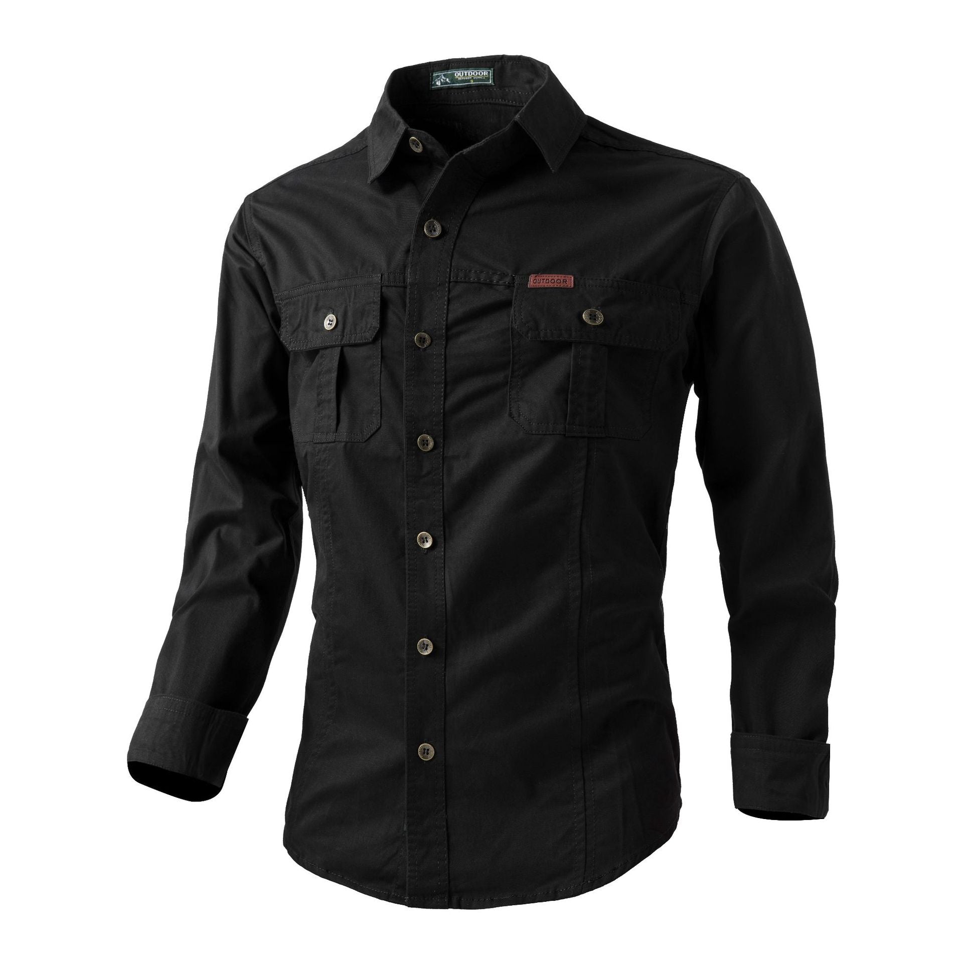 Men's rugged outdoor long-sleeve shirt cotton blend with two chest pockets, breathable all-season casual fit