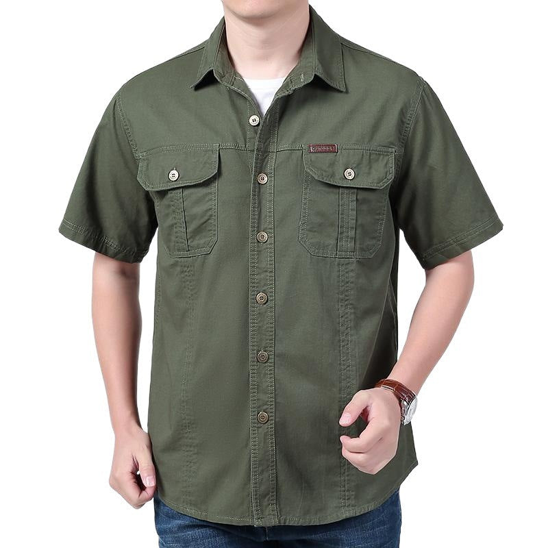 Men's relaxed fit cotton blend short sleeve shirt with dual chest pockets, versatile casual style