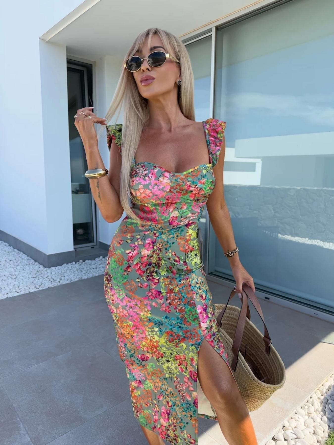 Floral print midi dress slim fit with ruched straps and side slit, elegant everyday style