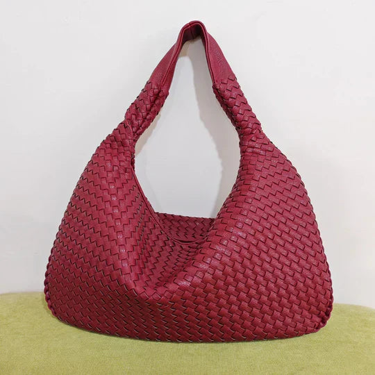 Red woven tote bag Valentina structured shopper with textured weave pattern for women everyday use