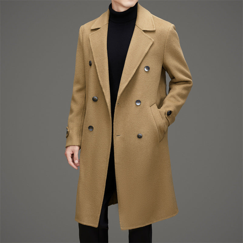 Men's charcoal wool mid-length tailored coat with double-breasted closure for modern professionals
