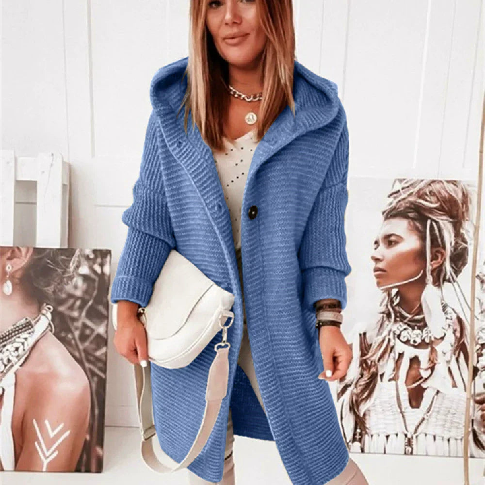 Women's hooded longline cardigan loose fit ribbed knit button-front drop shoulder cozy layer