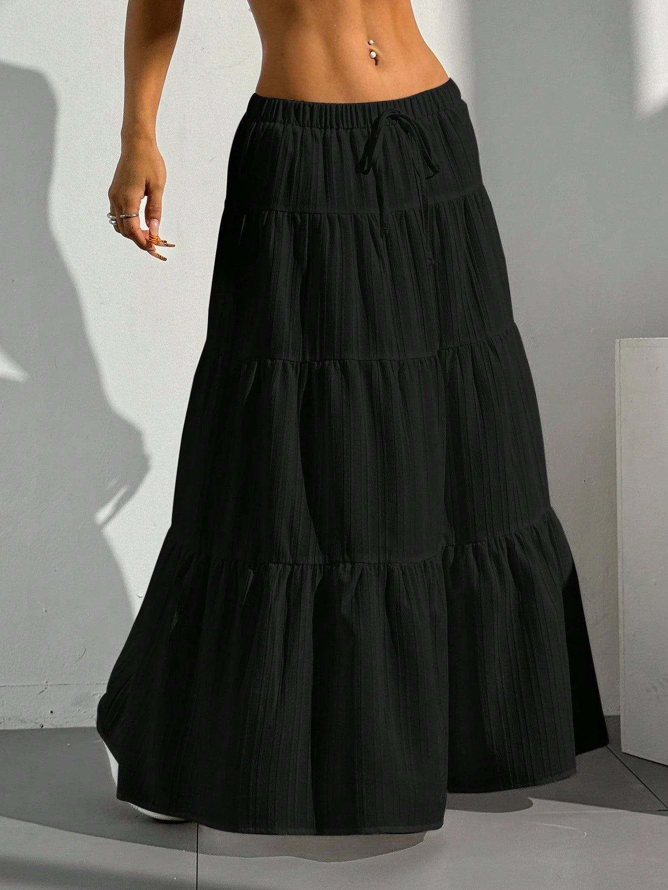 Women's boho chic A-line long skirt lightweight cotton blend gathered ruffles flowing silhouette