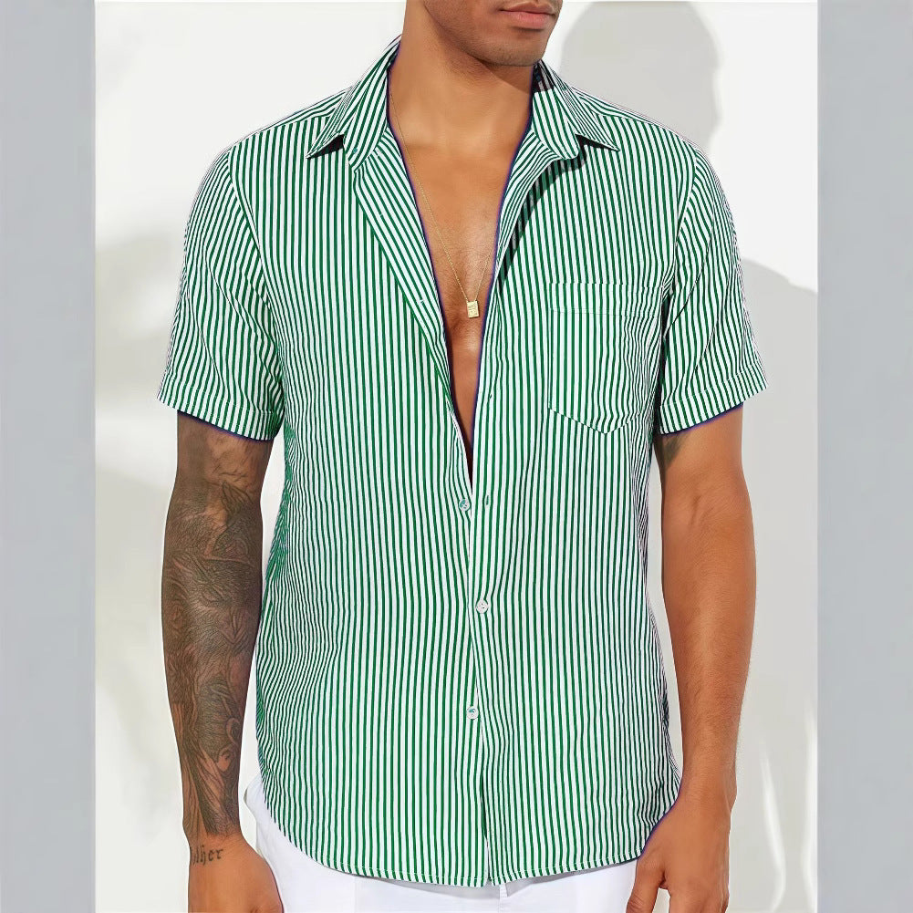 Men's cotton blend relaxed fit striped short sleeve shirt in Nordic-inspired vertical stripe pattern