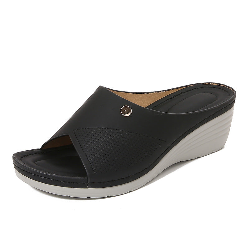 Women's beige wedge sandals open-toe perforated PU leather upper with metallic button detail