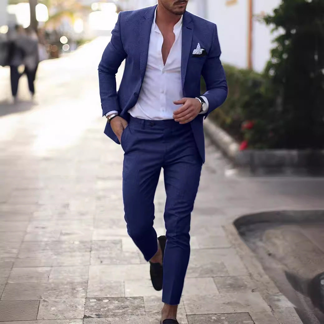 Men's slim fit 2-piece suit notch lapel single breasted blazer tapered trousers cotton blend