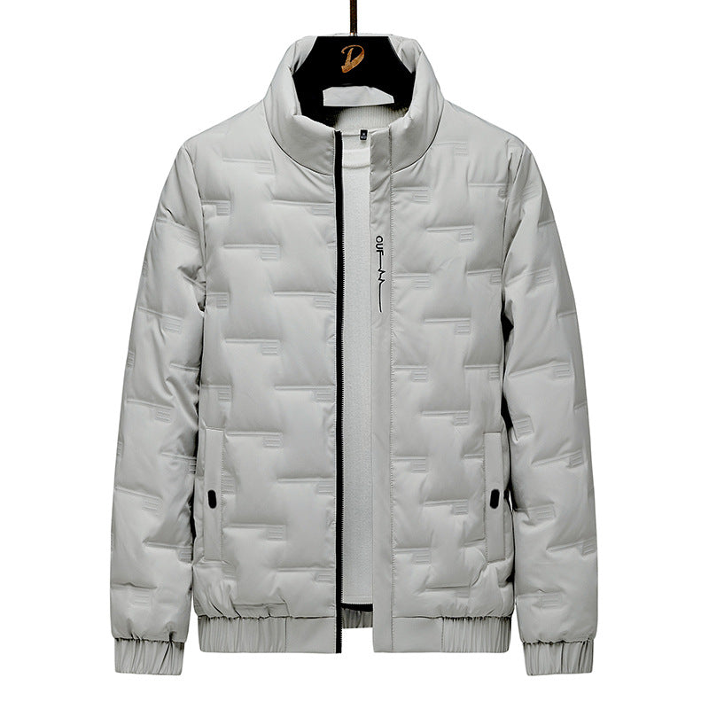 Men's lightweight quilted down jacket relaxed fit stand collar hip length warm winter coat