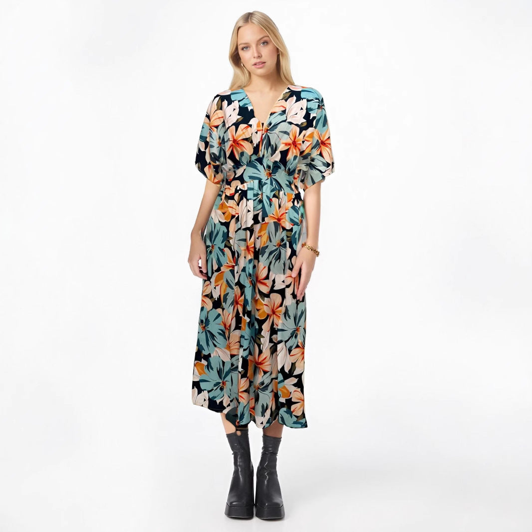 Women's floral midi dress, V-neckline, flowy silhouette, Nordic-Flair breathable spring style