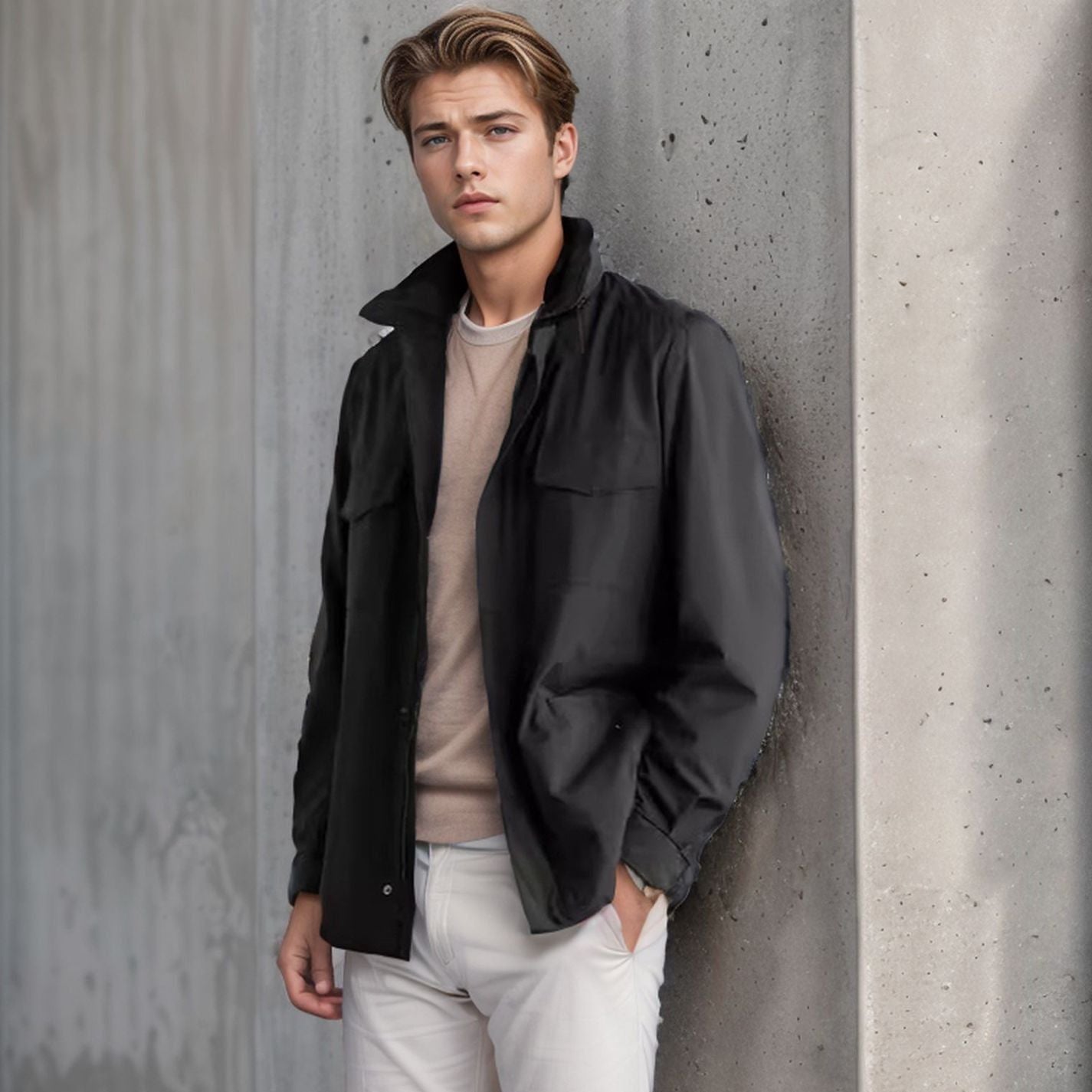 Men's relaxed fit field jacket cotton blend zip front with epaulets, work weekend style
