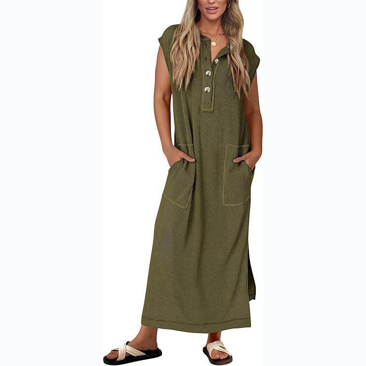 Women's relaxed fit maxi dress cotton-linen blend cap sleeves with functional side pockets