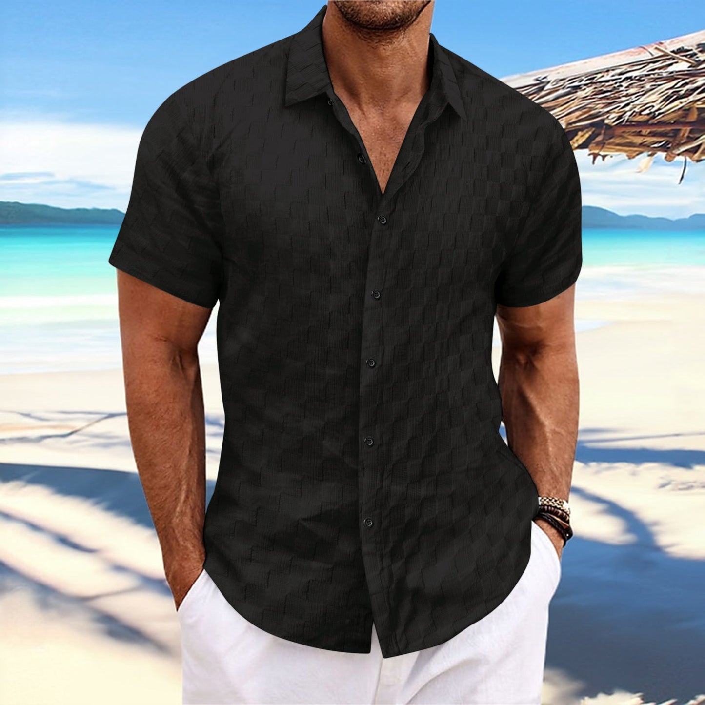 Men's casual cotton blend shirt in neutral tone, regular fit with textured weave for breathable warm-weather wear
