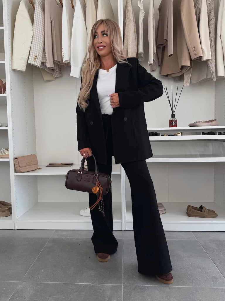 Women's black oversized double-breasted blazer set with high-waist wide-leg pants power suit