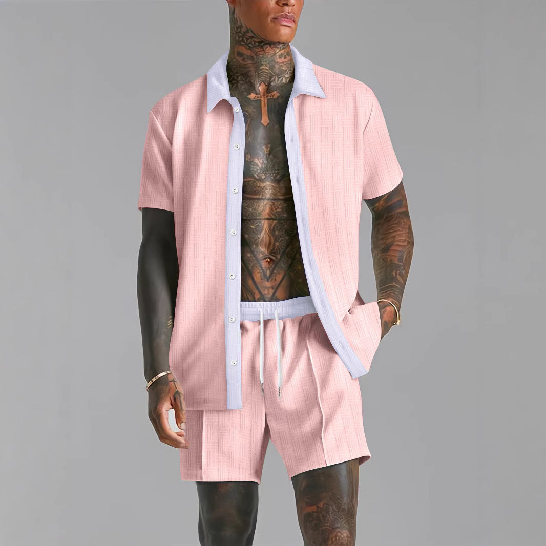 Men's cotton blend matching shirt and shorts set relaxed fit coordinated travel casual two-piece