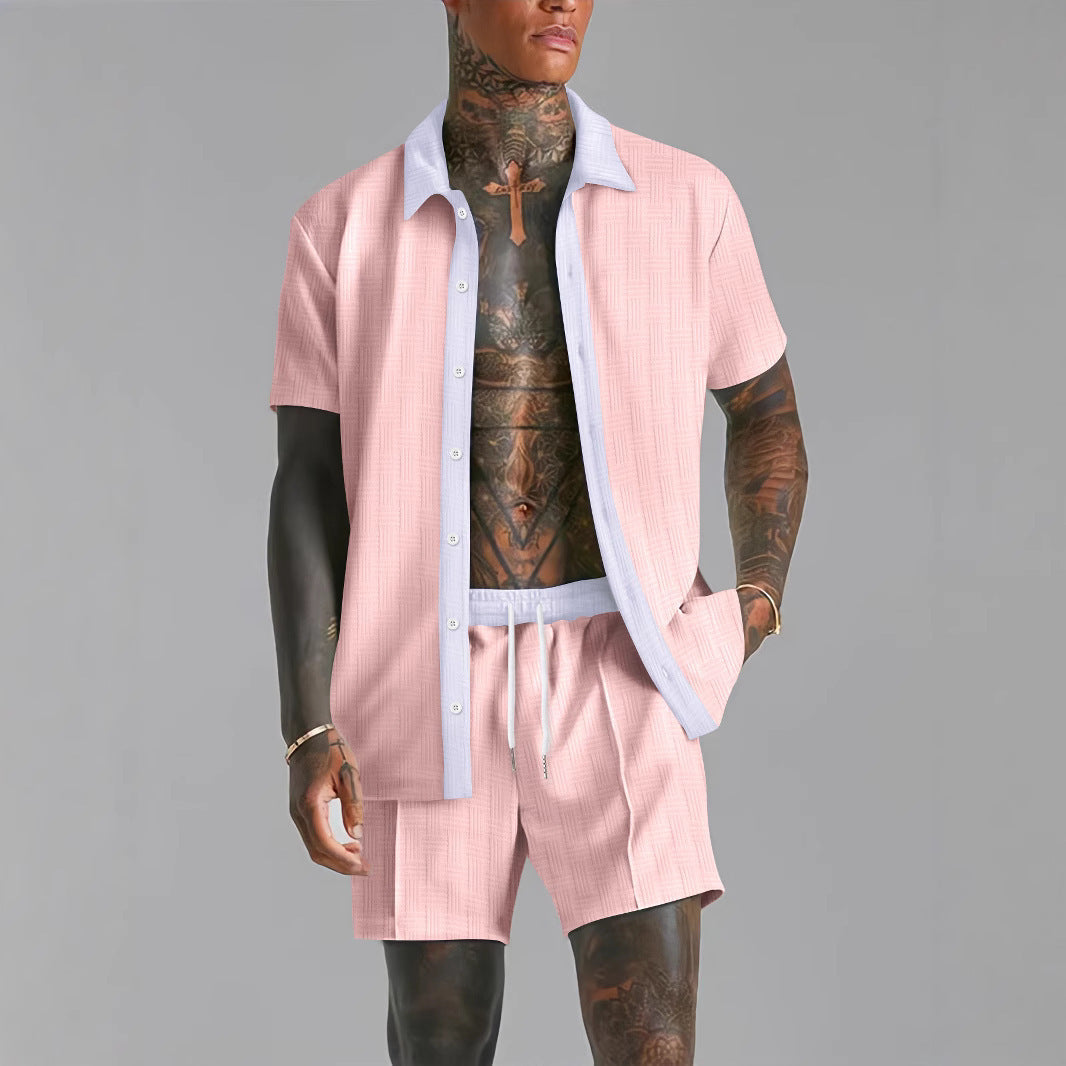 Men's cotton blend matching shirt and shorts set relaxed fit coordinated travel casual two-piece