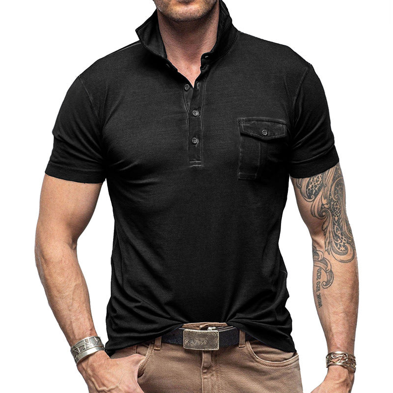 Men's slim fit polo shirt breathable cotton stand collar chest pocket versatile casual office style