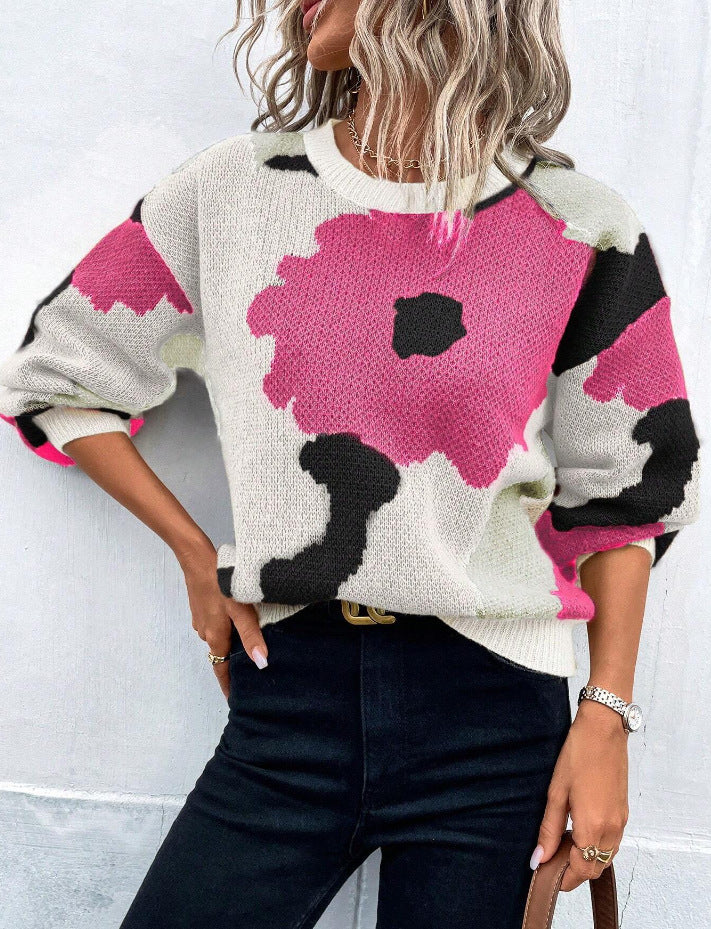 Women's floral print pullover sweater cozy soft-touch knit with vibrant all-season feminine design