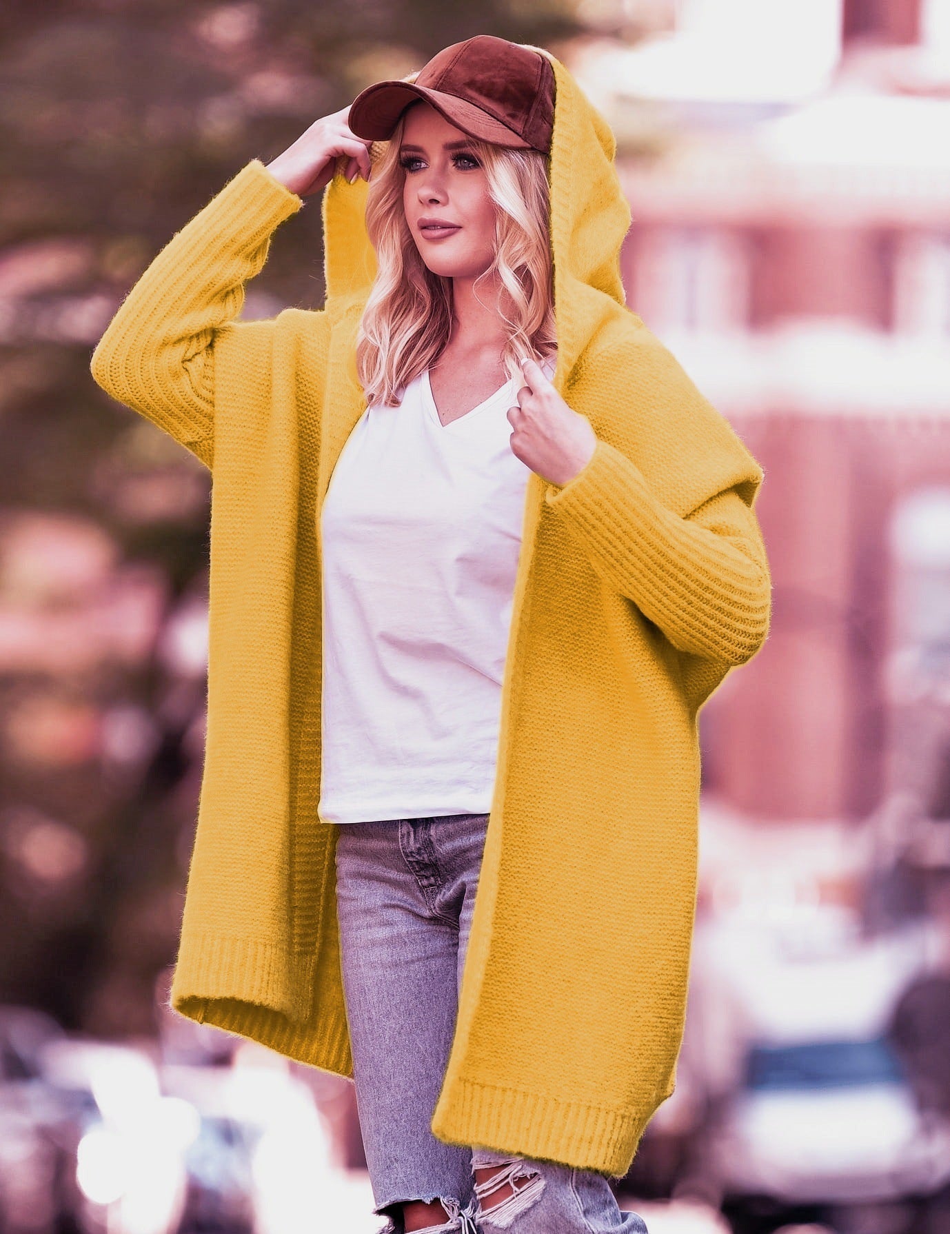 Women's oversized hooded knit cardigan open front wide sleeves cozy relaxed fit