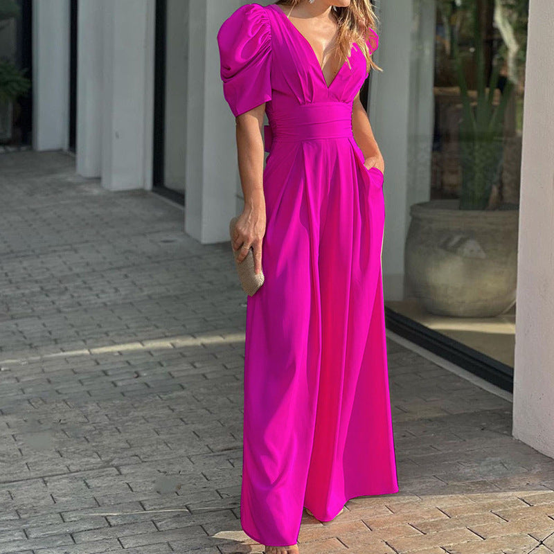 Women's wide-leg jumpsuit V-neck puff sleeves cinched waist elegant versatile warm-weather style