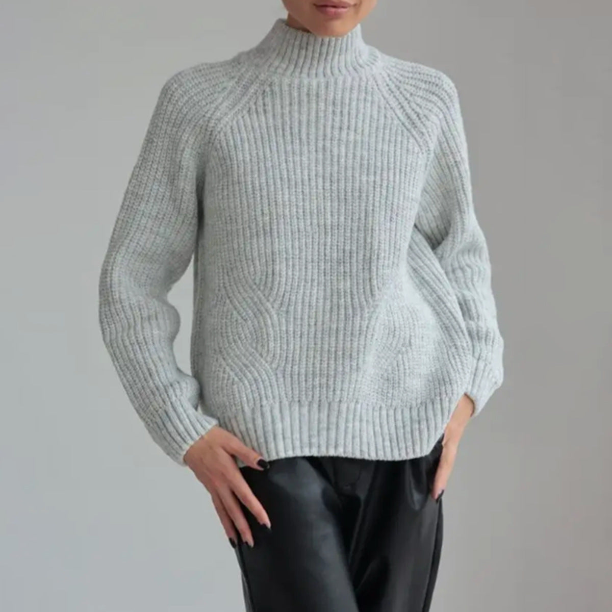Women's taupe wool blend turtleneck sweater loose raglan fit with ribbed texture cozy knit