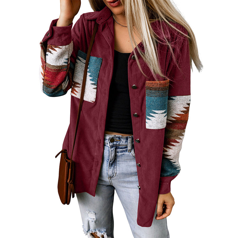 Women's corduroy cardigan jacket relaxed fit with Aztec pattern and button closure