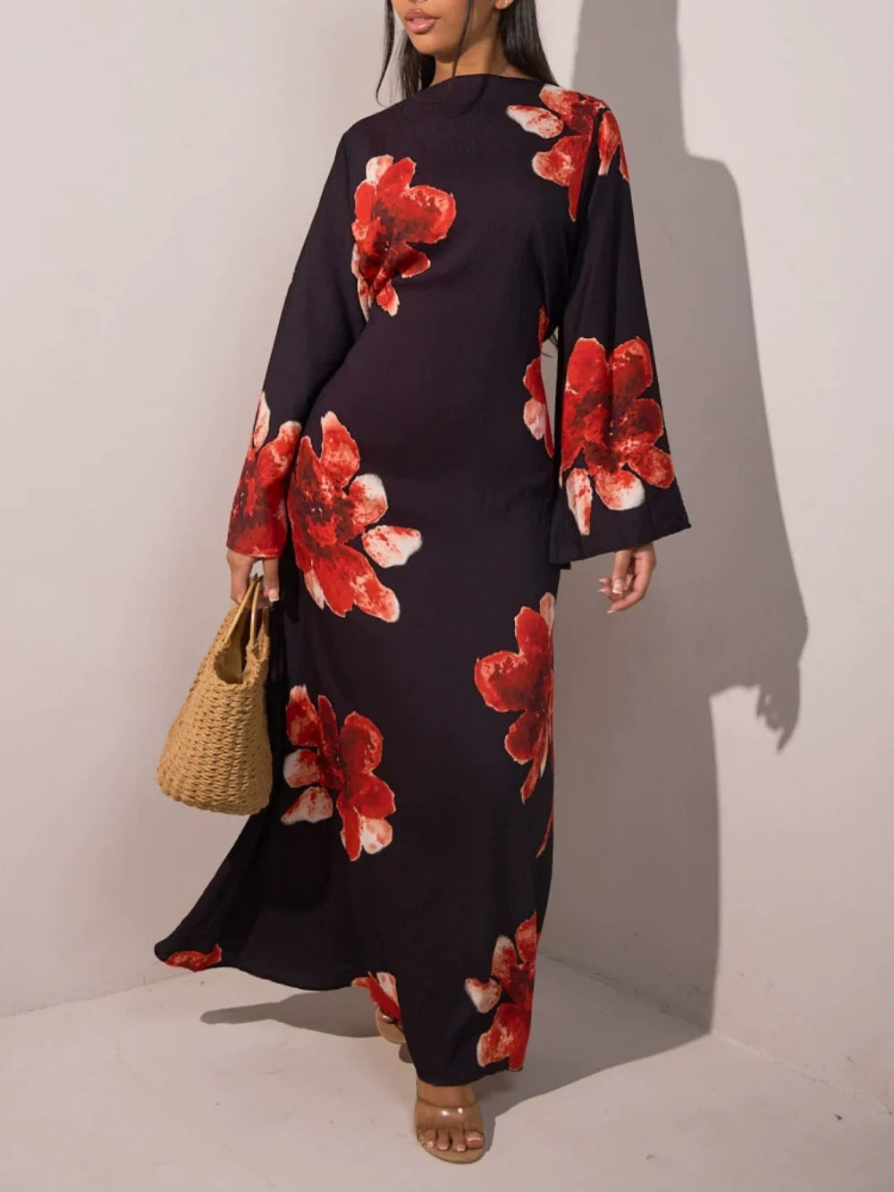 Printed maxi dress with lace details, fitted waist, flattering polyester gown for everyday glam
